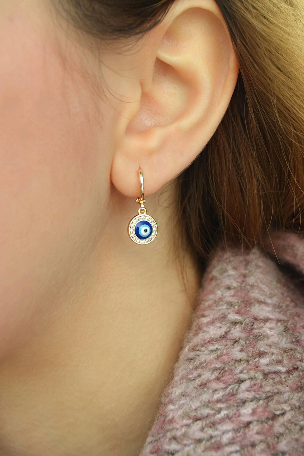 Nazar Boncuklu Mini Halka Küpe Nazar Charmlı Küpe