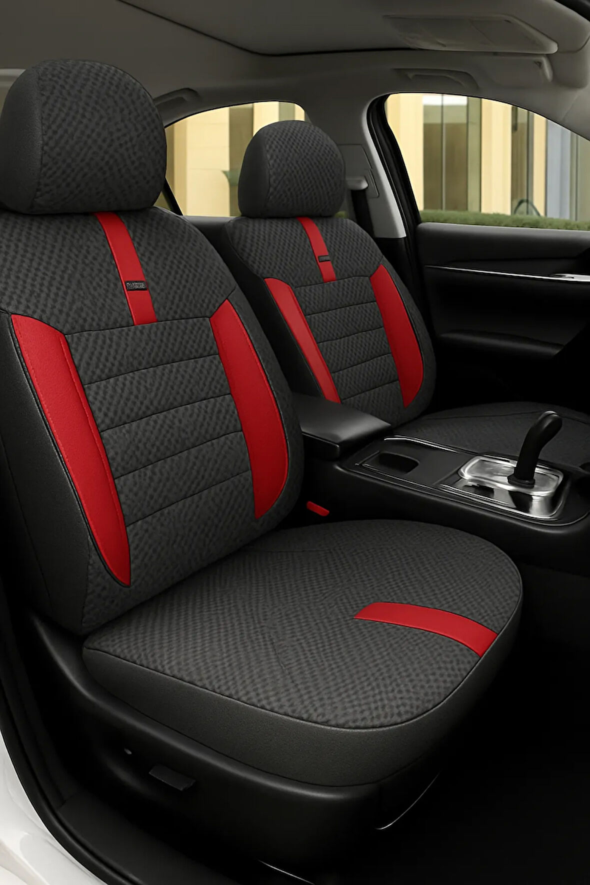 Peugeot 208 2012–ve Sonrası GrindSport Serisi Koltuk Kılıfı Siyah Kırmızı Pamuklu Kumaş ve Deri Deta