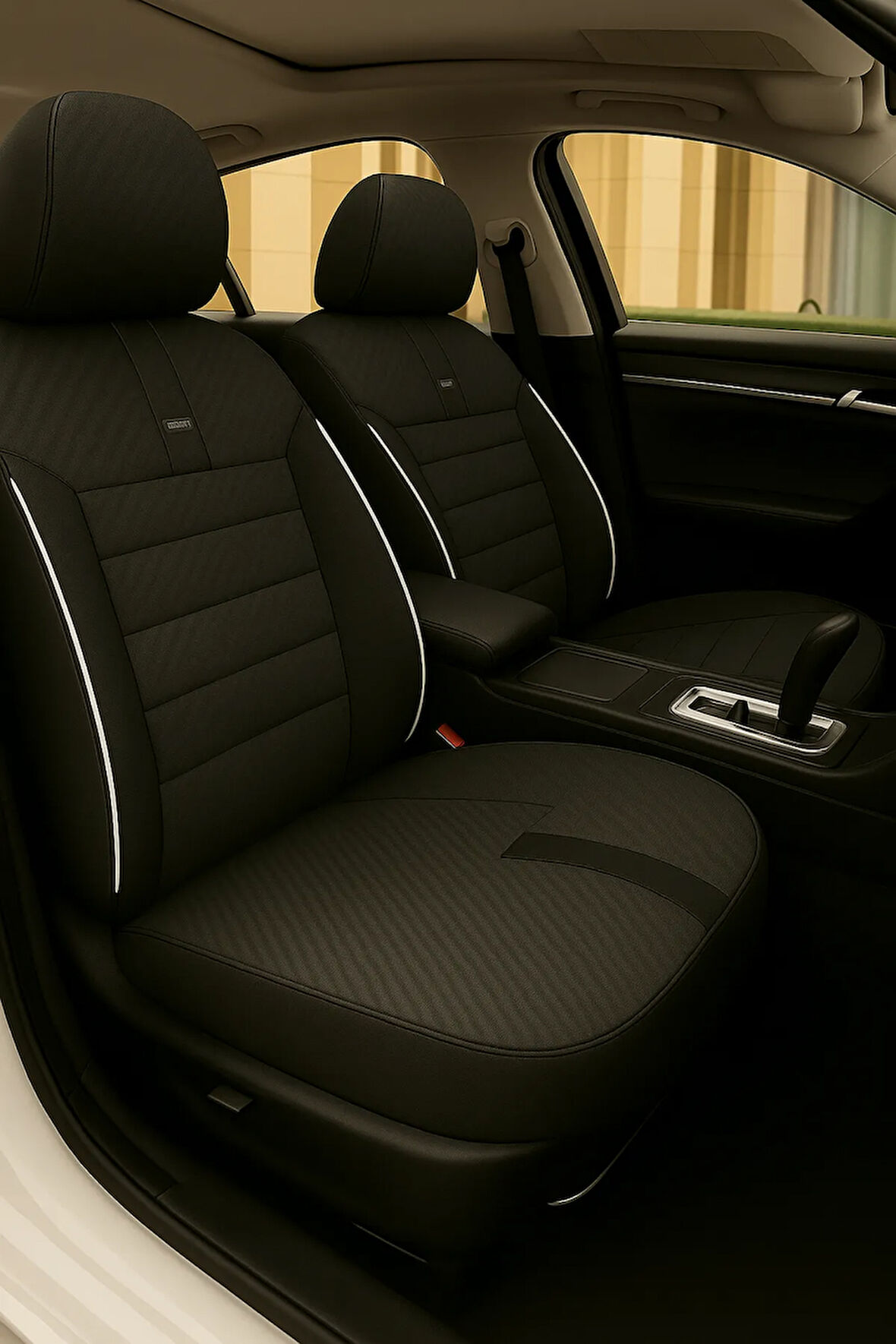 Citroën C1 2005–2014 GrindSport Serisi Koltuk Kılıfı Siyah Beyaz Pamuklu Kumaş ve Deri Detaylı