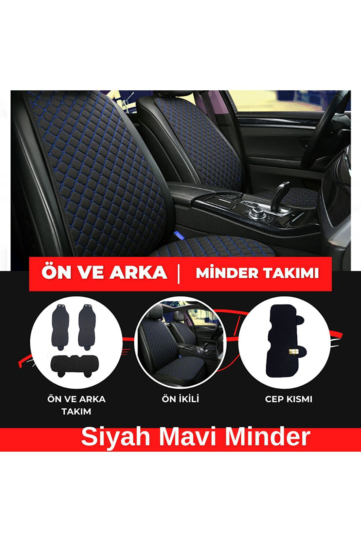 Araba Koltuk Minderi Kumaş Üçlü Koltuk Minderi Terletmez Ergonomik Siyah Mavi