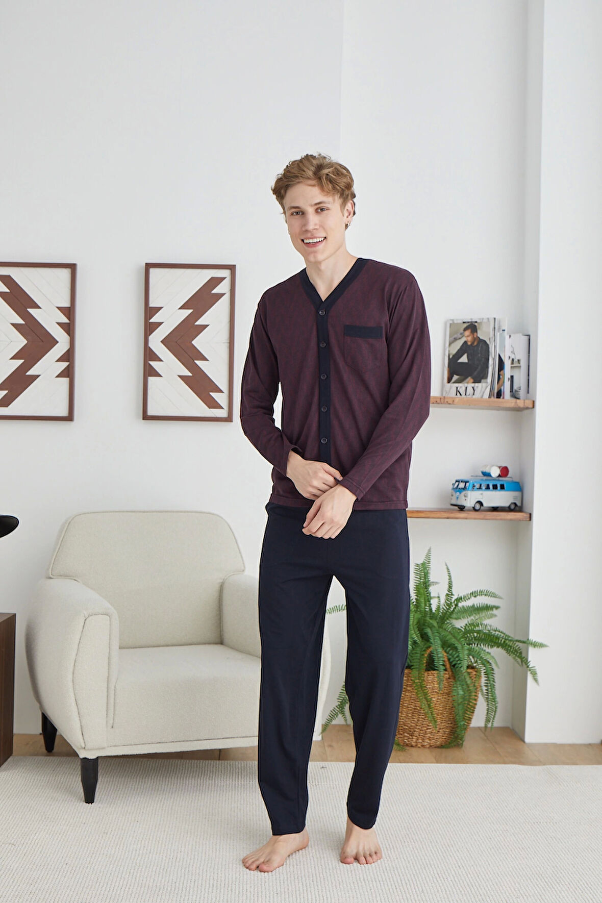Erkek 9252 Erkek   V Yaka Boydan Düğmeli Pijama Takımı