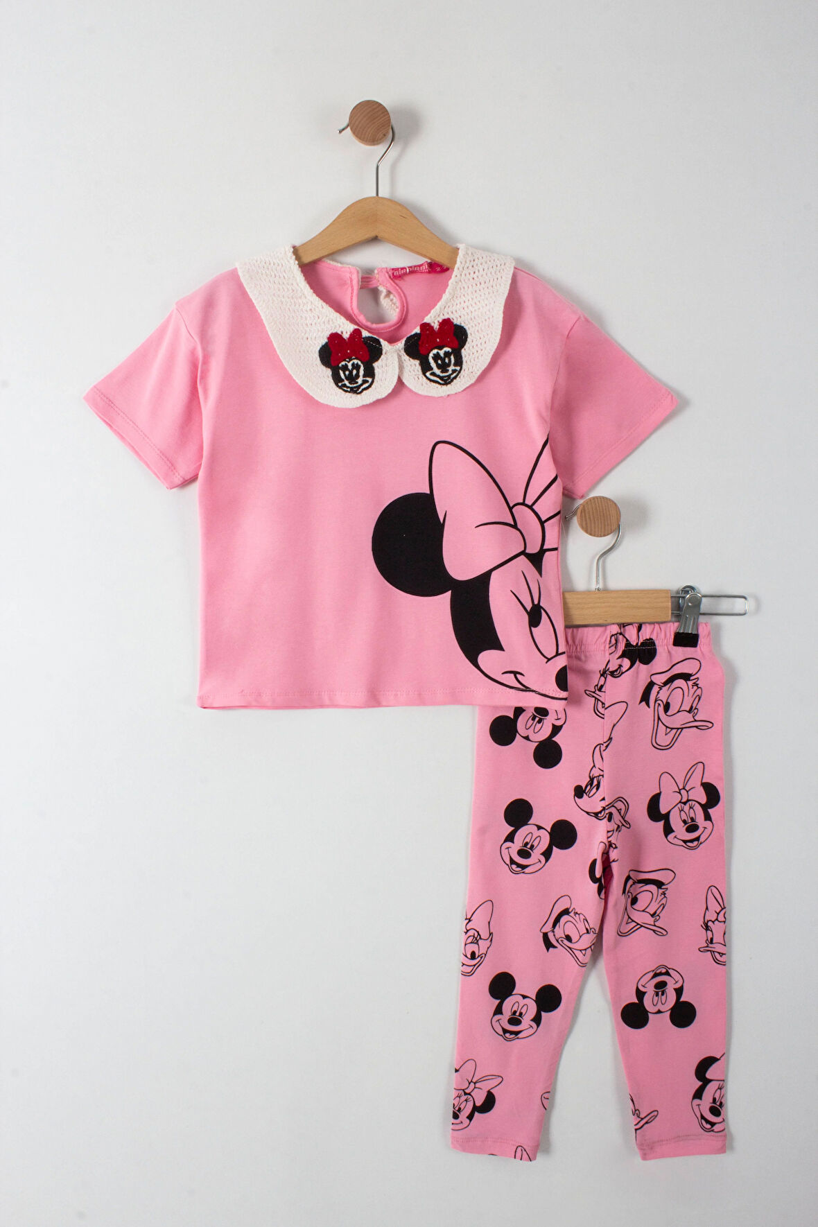 Nakış İşlemeli Minnie Detaylı Bebe Yaka Kız Çocuk Taytlı 2 li Takım
