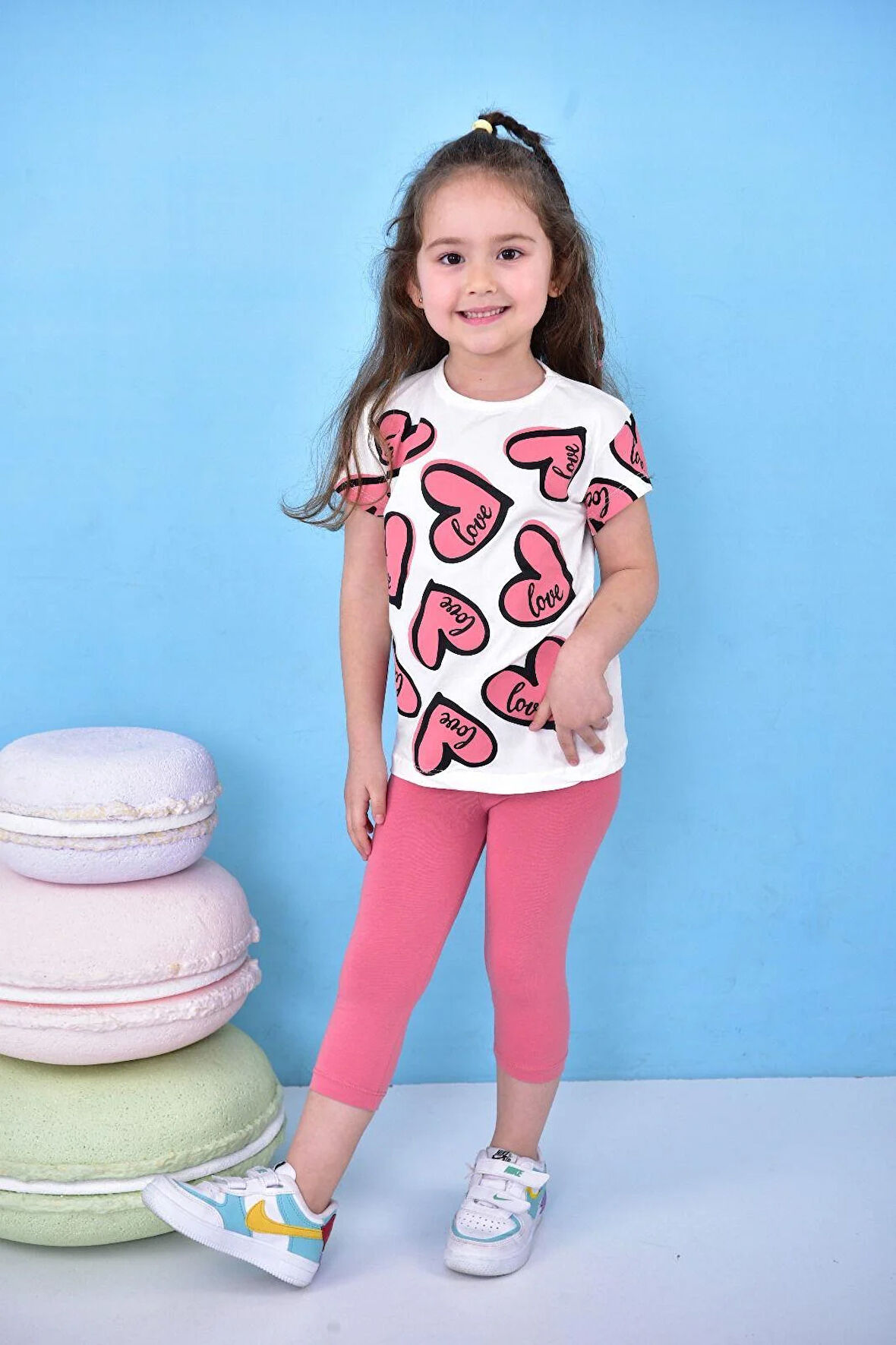 Kalp Baskılı Love Detaylı Kız Çocuk Taytlı Takım 2 Parça