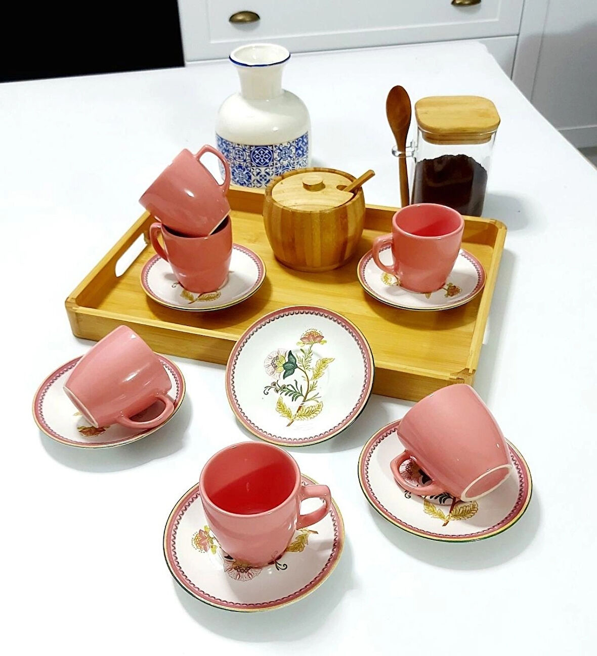 6 Kişilik Seramik 80ml Türk Kahve Fincan Seti Dijital Baskılı Bulaşık Makinasında Yıkanabilir