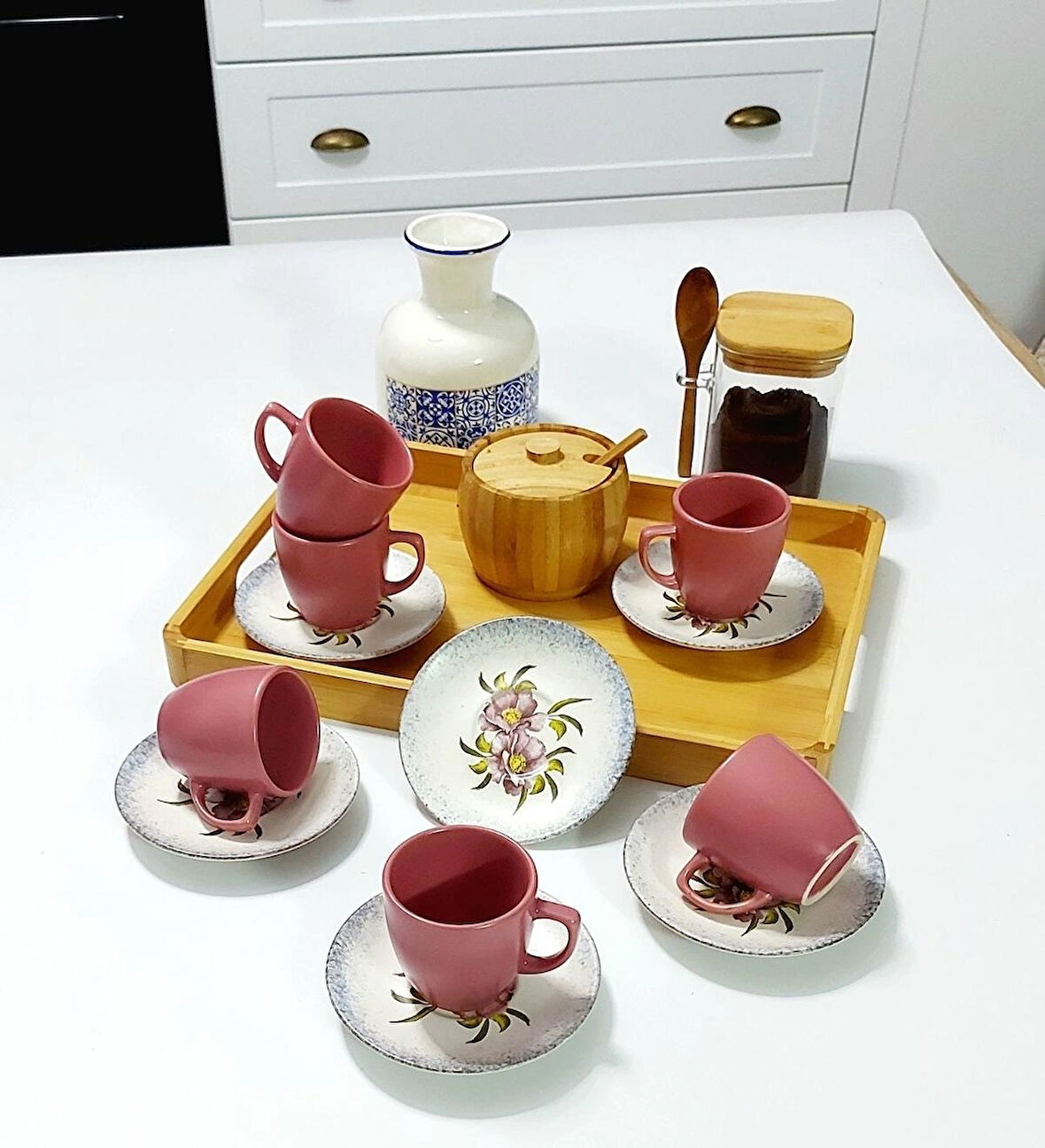 6 Kişilik Seramik 80ml Türk Kahve Fincan Seti Dijital Baskılı Bulaşık Makinasında Yıkanabilir