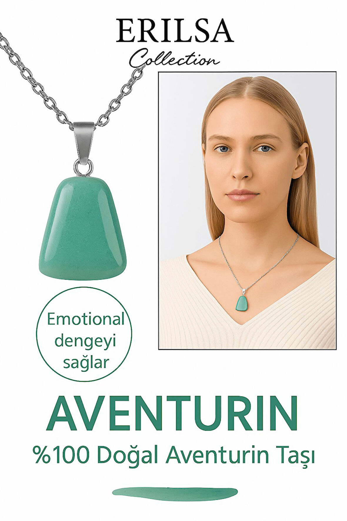 Sertifikalı AAA+ Aventurin Taşı Kolye – Beşgen Model, Gümüş Aparatlı