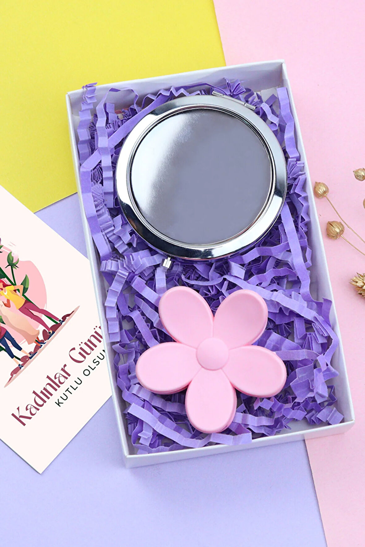 Renkli Papatya Mandal Toka & El Aynası Hediye Seti