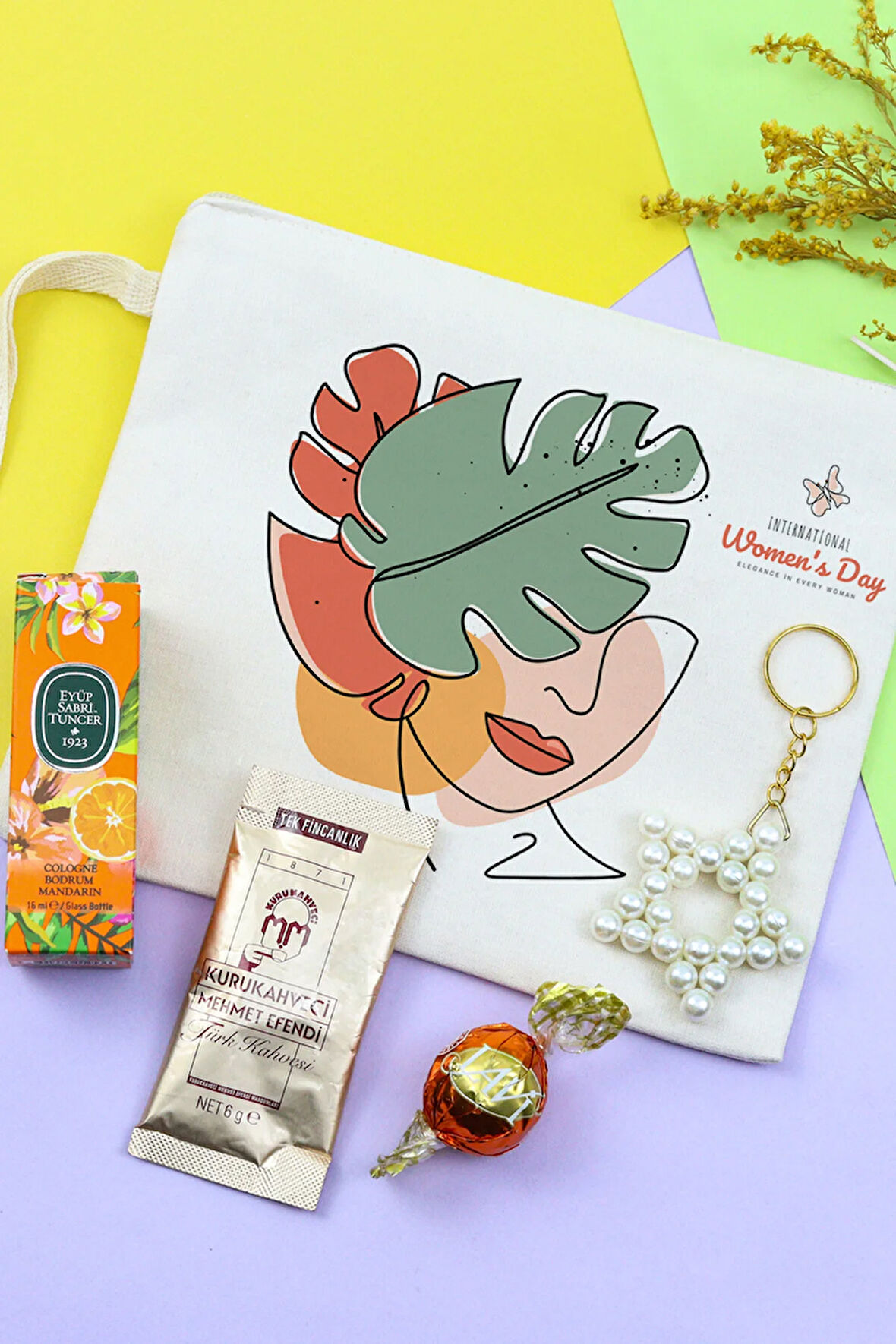 Bez El Çantası & İnci Yıldız Anahtarlık & Lavi Çikolata & Mini Kolonya & Türk Kahvesi Hediye Seti
