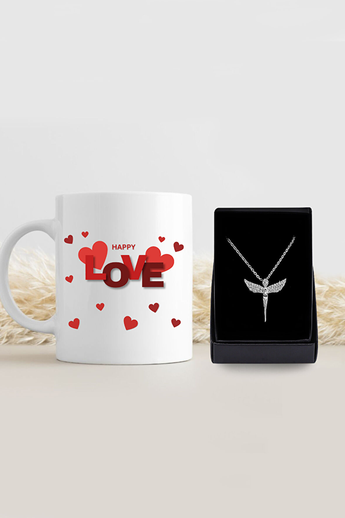 Love Tasarım Kupa & Gümüş Renk Melek Kolye Hediye Seti