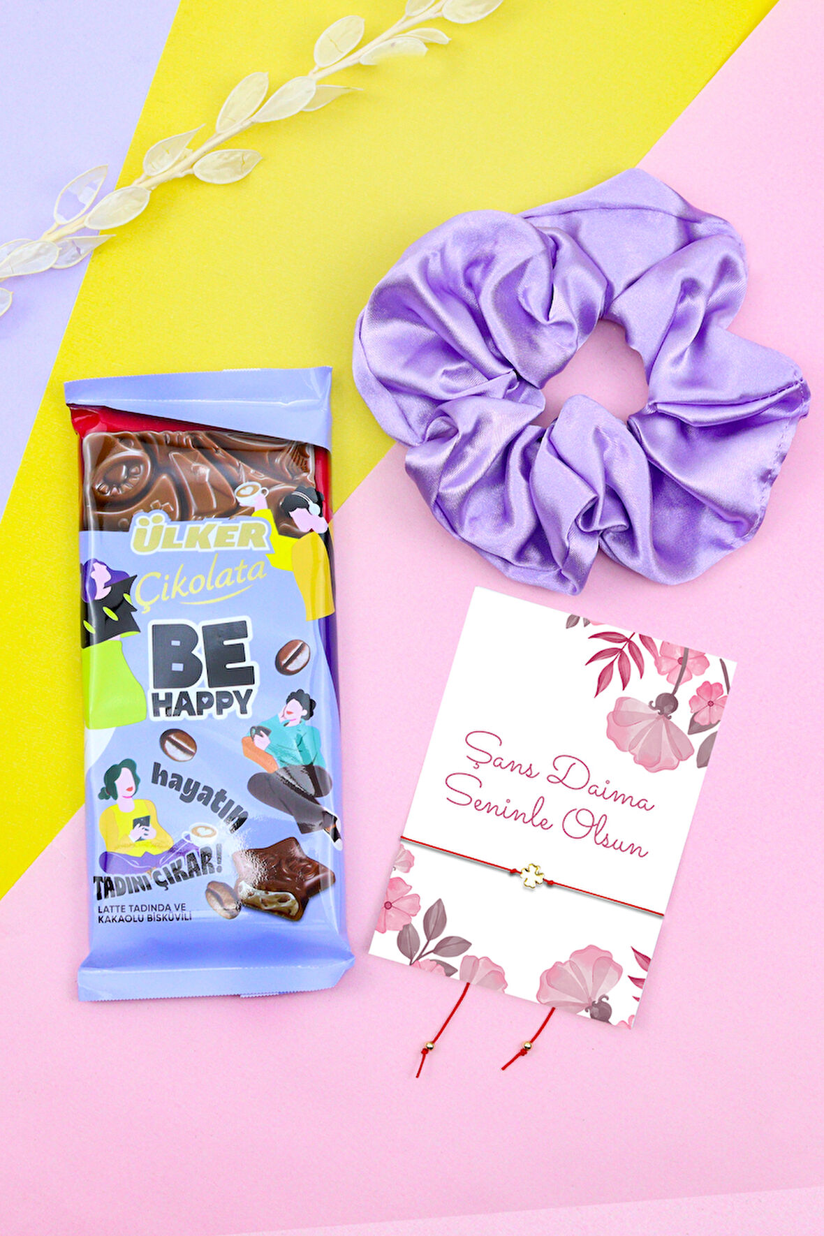 Şans Bilekliği & Saten Toka & Be Happy Çikolata Hediye Seti