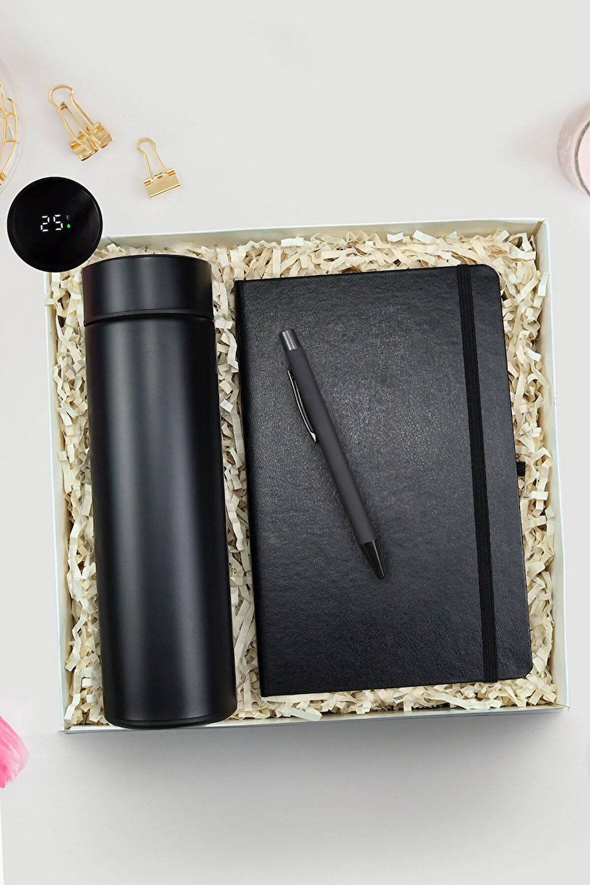 Siyah Dereceli Termos & Siyah Defter & Mat Siyah Tükenmez Kalem Hediye Seti