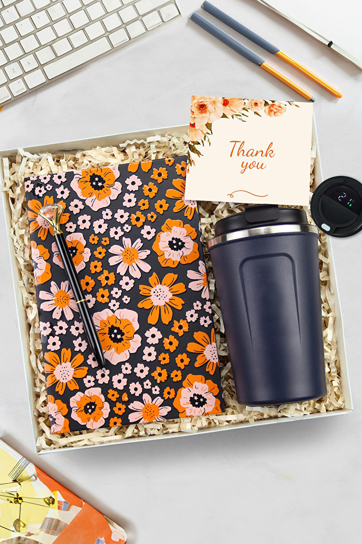 Turuncu Baskılı Defter & Kalem & Lacivert Dereceli 350 ML Çelik Termos Hediye Seti