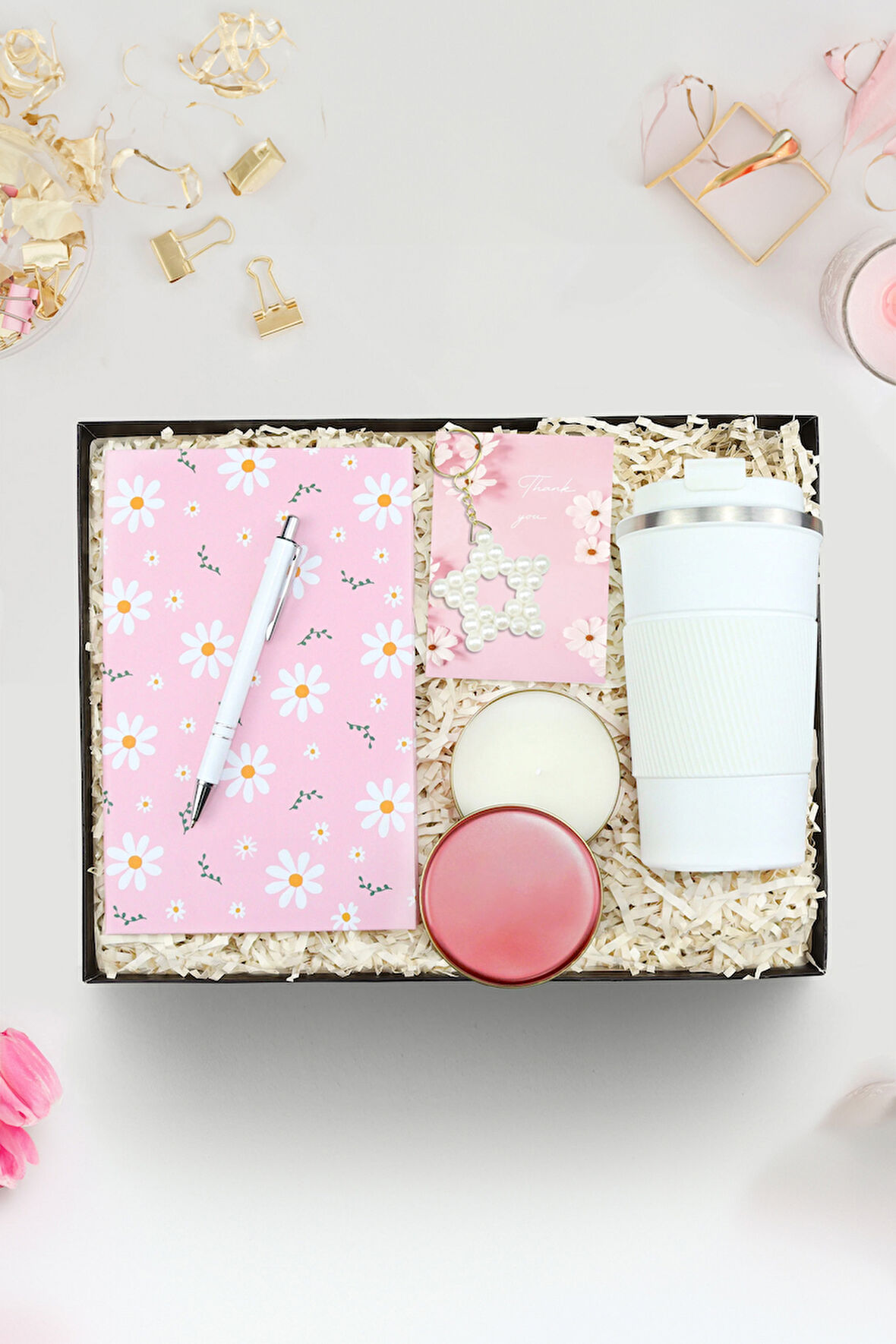 Papatya Baskılı Defter & Tükenmez Kalem & Mum & Yıldız Anahtarlık & 500 ML Çelik Termos Hediye Seti