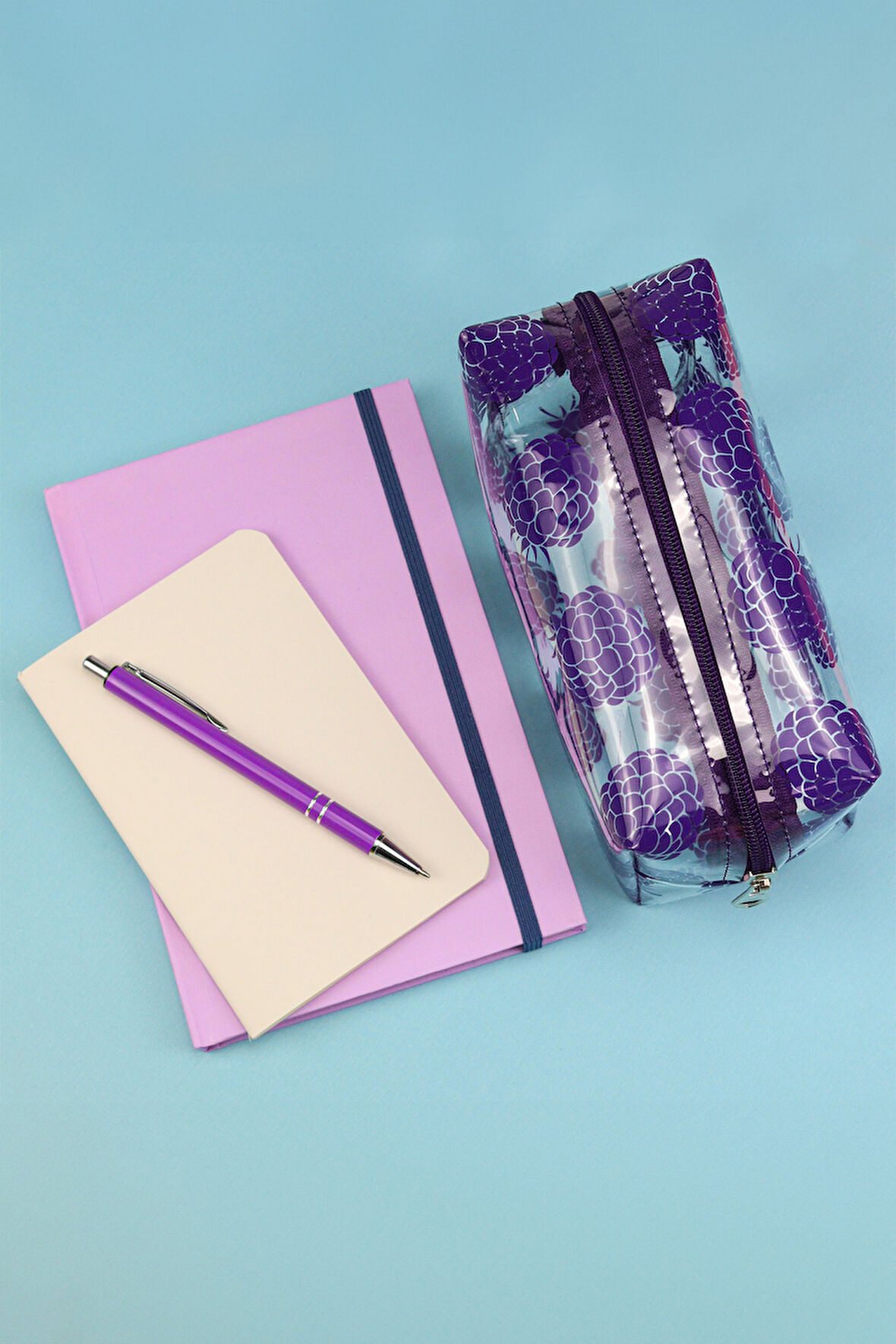 Mor Defter & Dikişli Mini Not Defteri & Tükenmez Kalem & Şeffaf Büyük Boy Kalemlik Hediye Seti