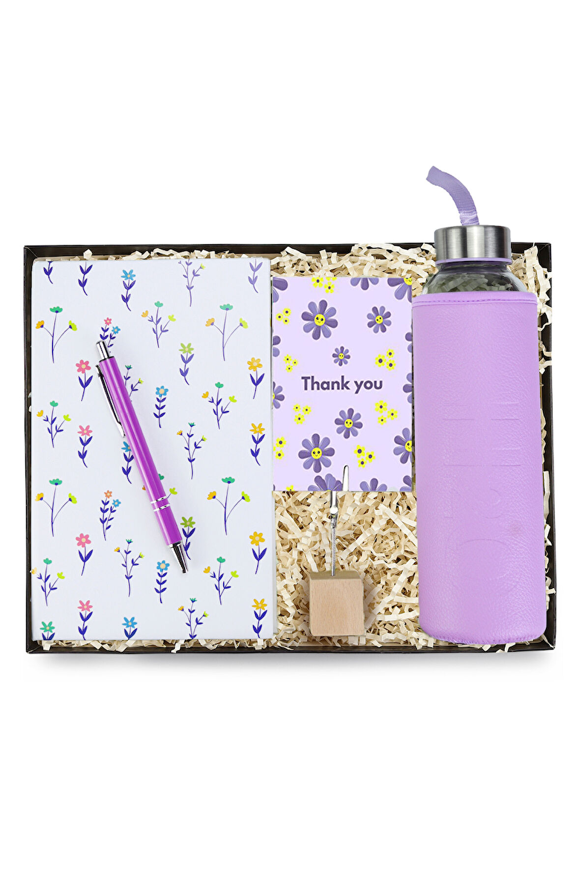 Beyaz Çiçekli Defter & Mor Tükenmez Kalem & Ahşap Not Tutucu & Pipetli Cam Matara Hediye Seti