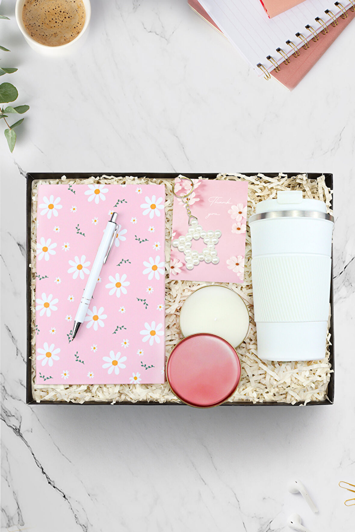 Papatya Defter & İnci Yıldız Anahtarlık & Toka & Beyaz Tükenmez Kalem & 500 Ml Termos Hediye Seti