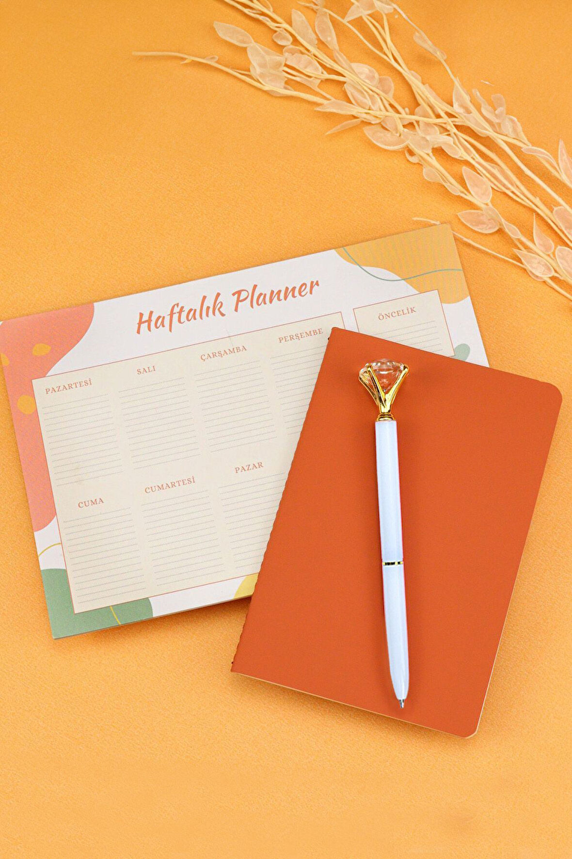 Haftalık Planner & Dikişli Mini Not Defteri & Diamond Kalem Hediye Seti