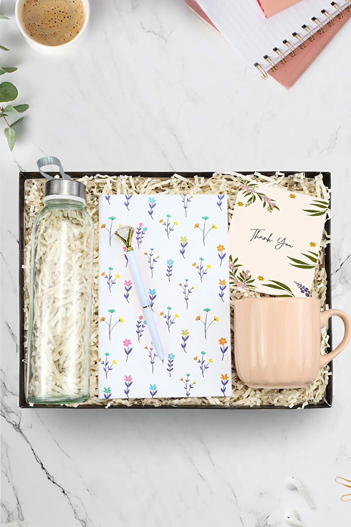 Beyaz Çiçek Defter & Diamond Kalem & Bambu Kapaklı Cam Matara & Kupa Hediye Seti
