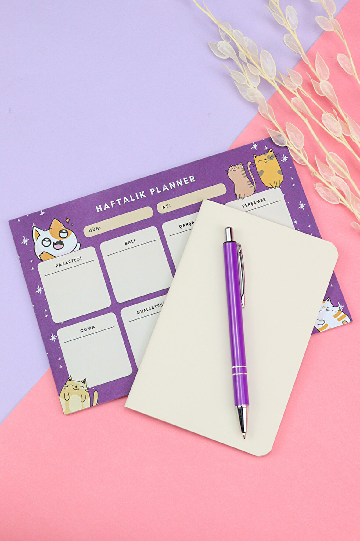 Gümüş Renk Detaylı Mor Tükenmez Kalem & Haftalık Planner & Dikişli Mini Not Defteri Hediye Seti