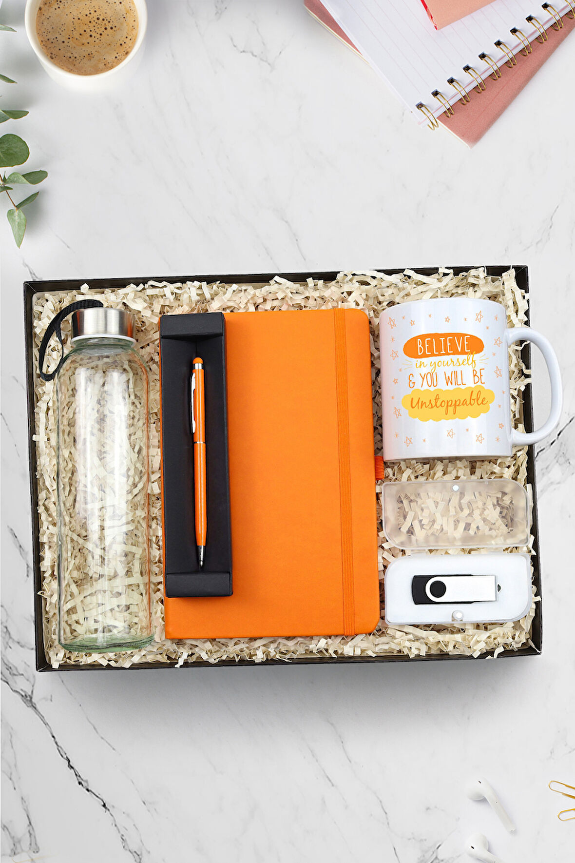 Turuncu Defter & Touch Pen & Kupa & Cam Matara & USB Bellek Hediye Seti