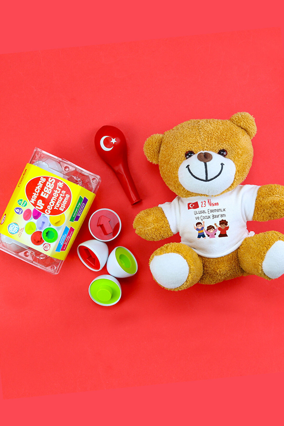 Peluş Ayıcık & Balon & Geometrik Yumurta Eşleme Oyunu Hediye Seti