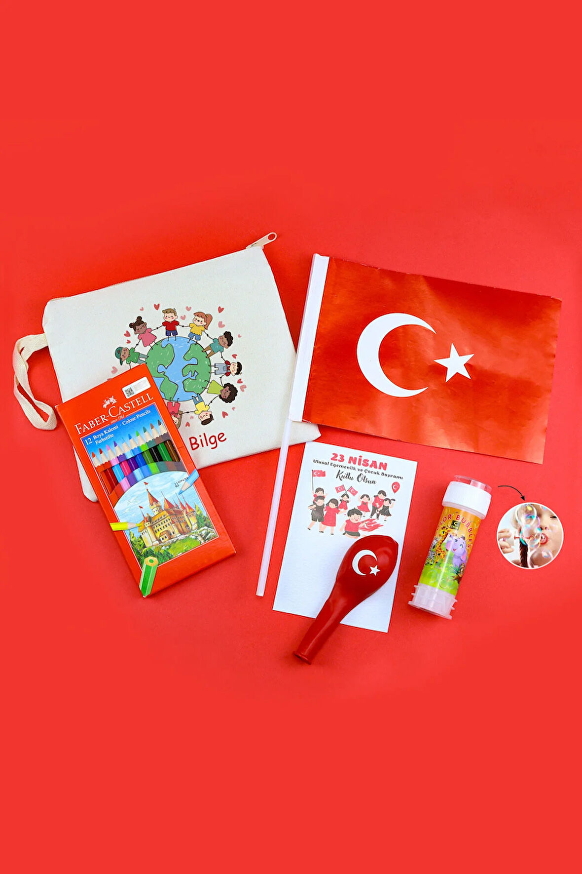 Türk Bayrağı & Balon & Bez El Çantası & Faber-Castell 12'li Boya Kalemi & Köpük Baloncuk Hediye Seti