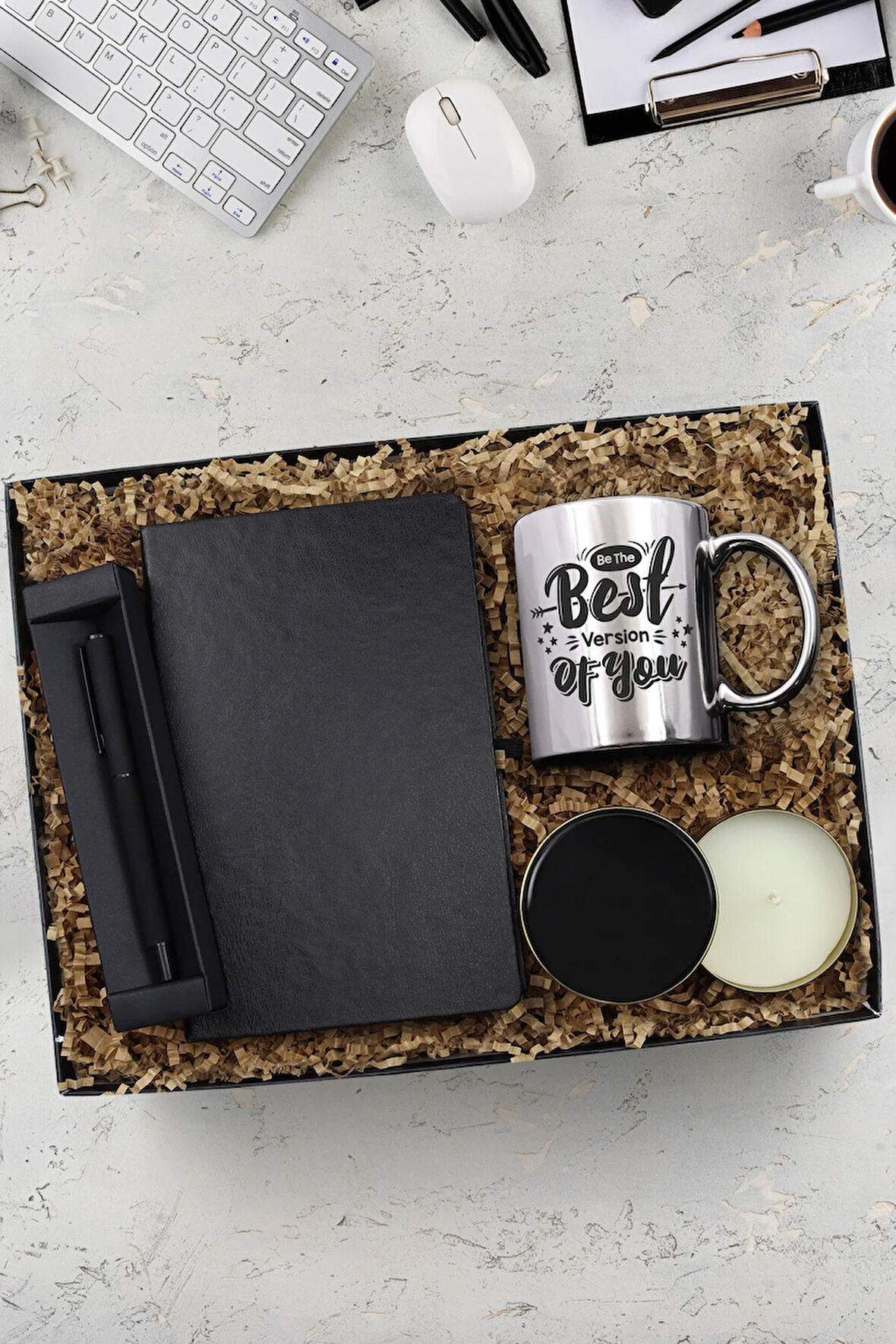 Siyah Defter & Mat Roller Kalem & Siyah Metal Kutulu Mum & Kupa Hediye Seti