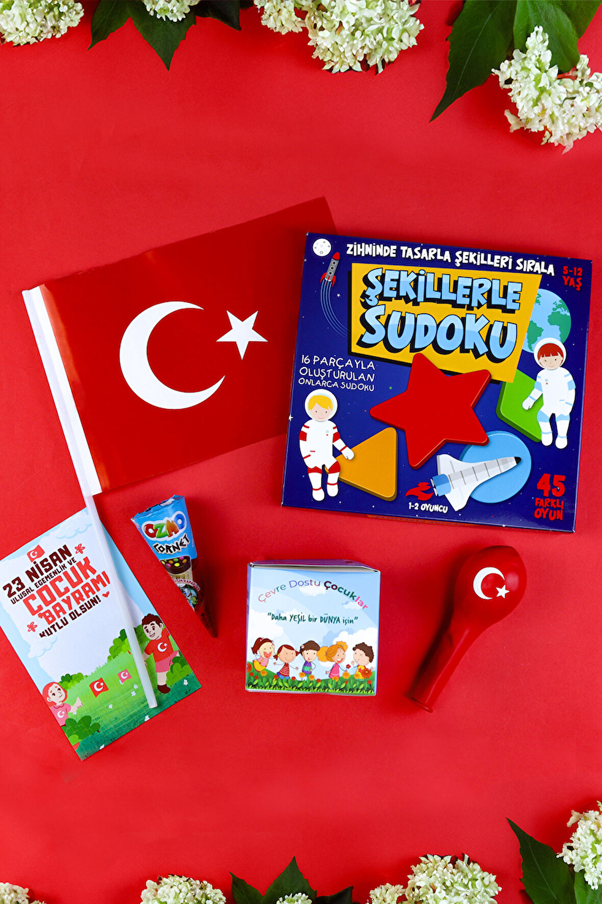 Türk Bayrağı & Balon & Çocuk Dikim Kiti & Ozmo Külah & Şekillerle Su Doku Hediye Seti