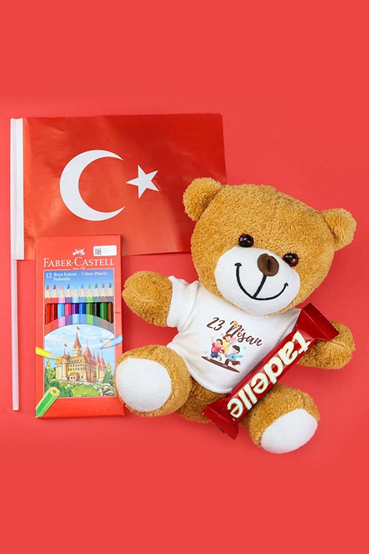 Peluş Ayıcık & Türk Bayrağı & 12'li Kuru Boya & Tadelle Sütlü Çikolata  23 Nisan Hediye Seti