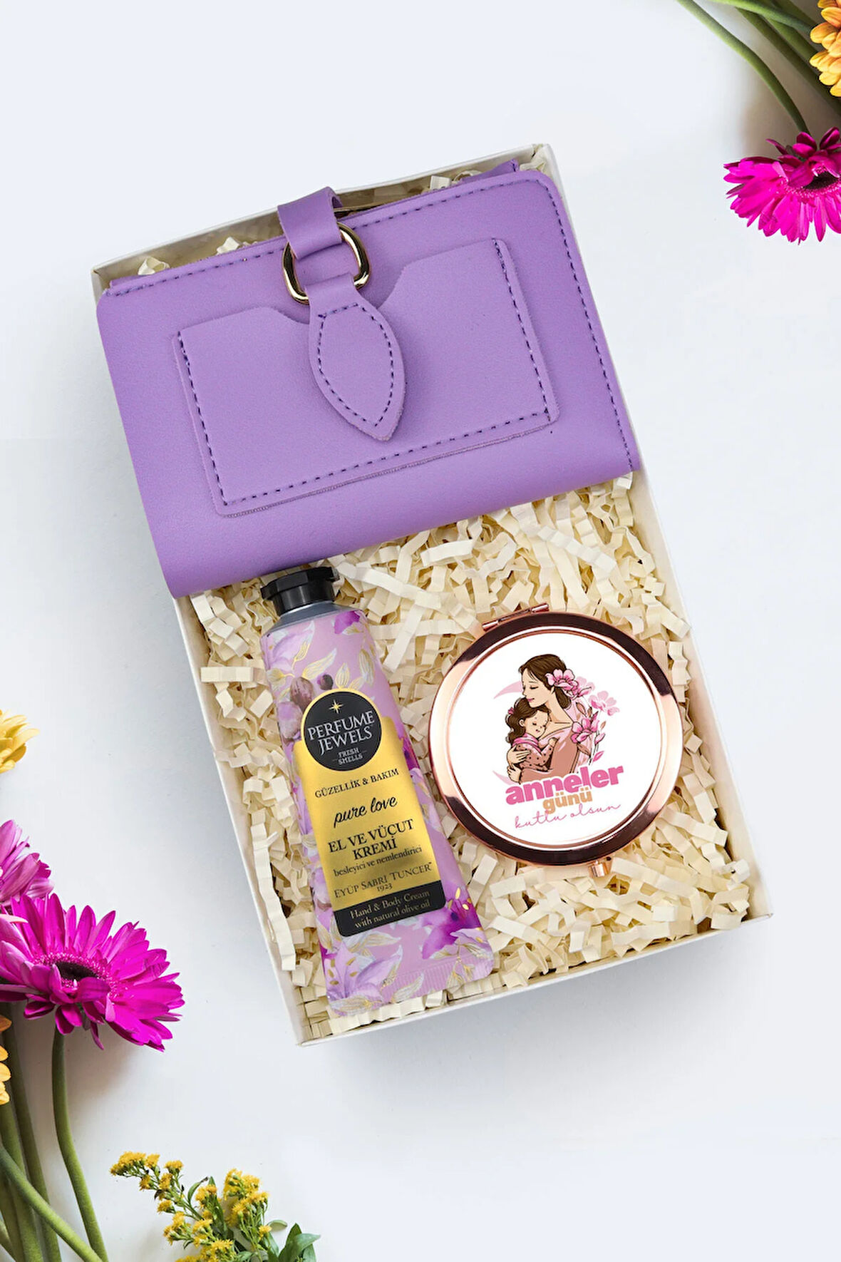 El Aynası & Mor Yumuşak Deri Kartlık Cüzdan & Eyüp Sabri Tuncer El Kremi Hediye Seti
