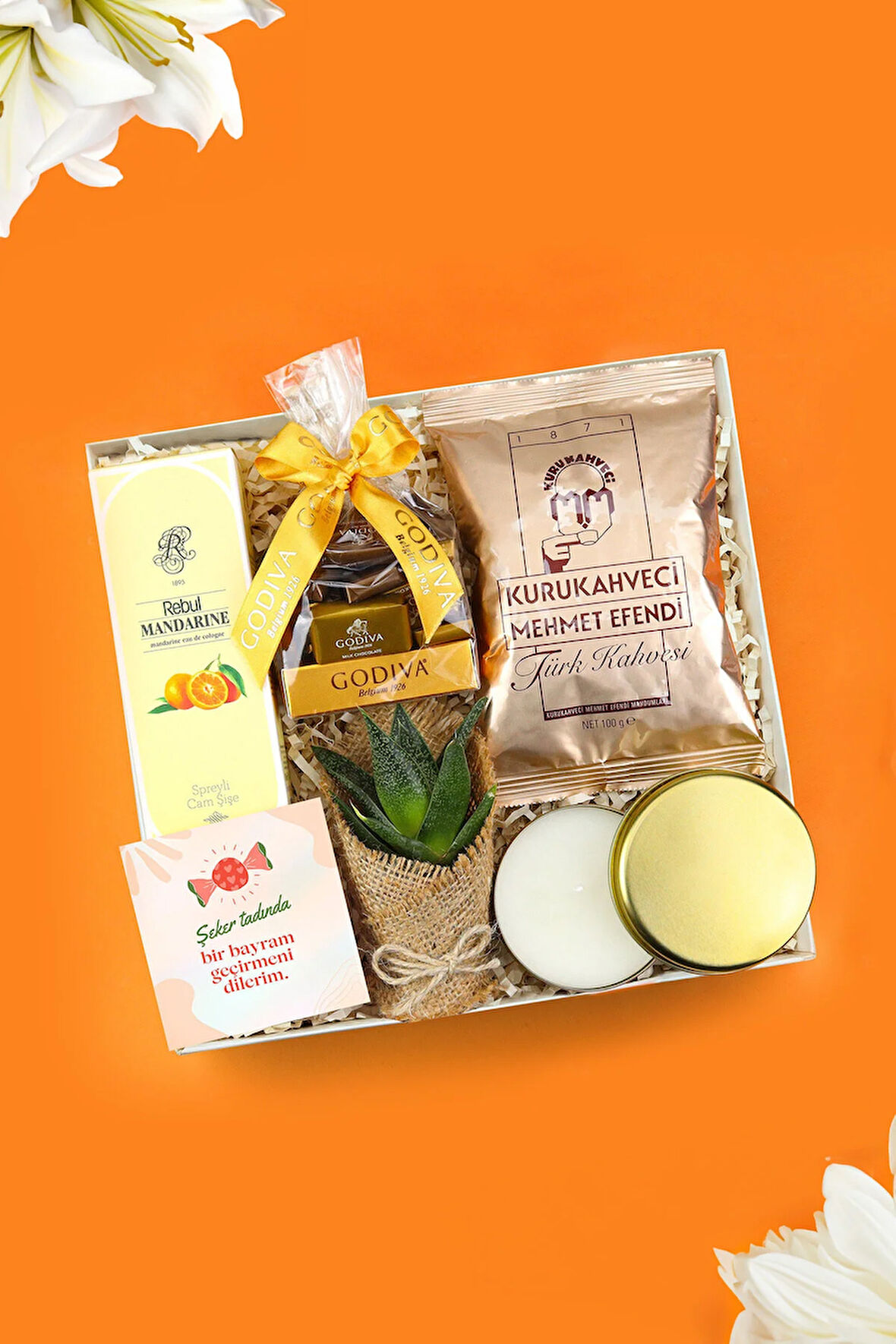 Mum & Rebul Mandalina Kolonya &  Mehmet Efendi Türk Kahvesi & Godiva Napoliten Çikolata Hediye Seti