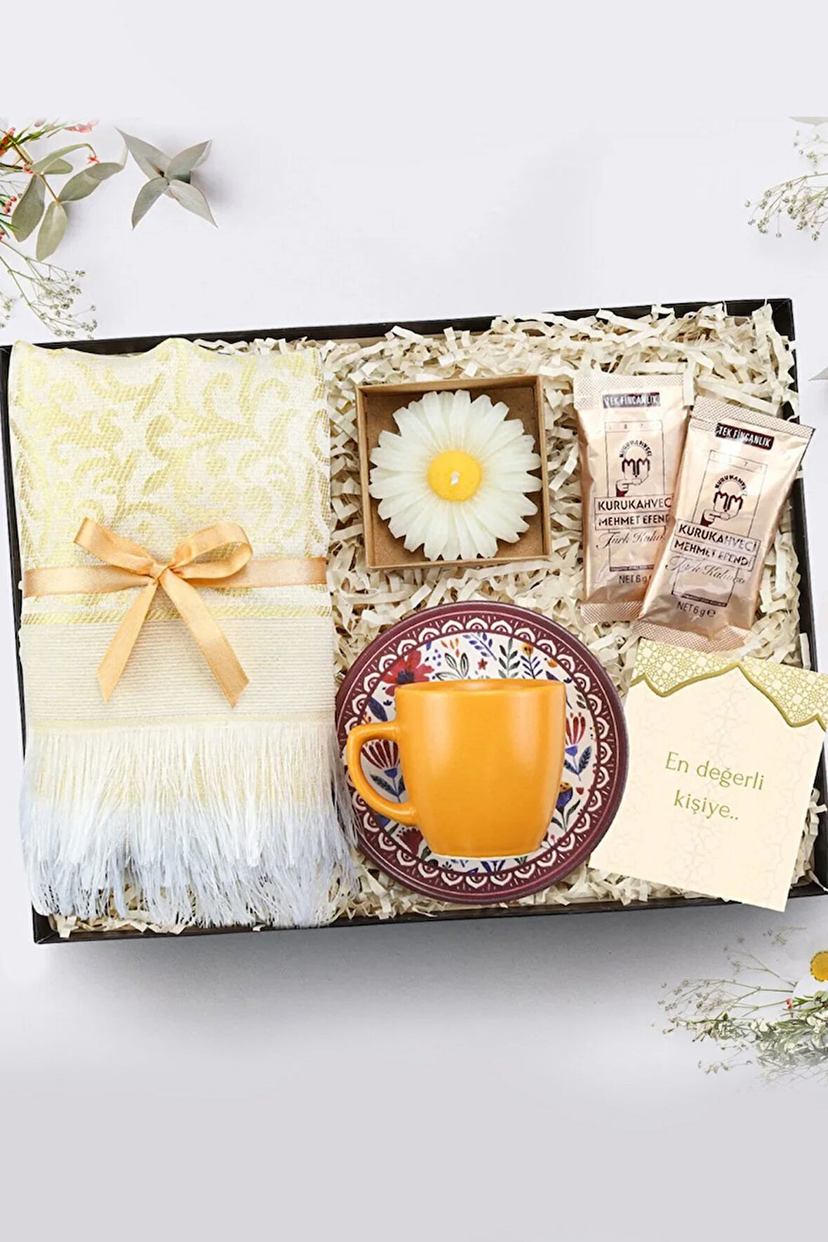 Seccade & Türk Kahvesi Fincanı & Türk Kahvesi & Kraft Kutulu Mum Hediye Seti