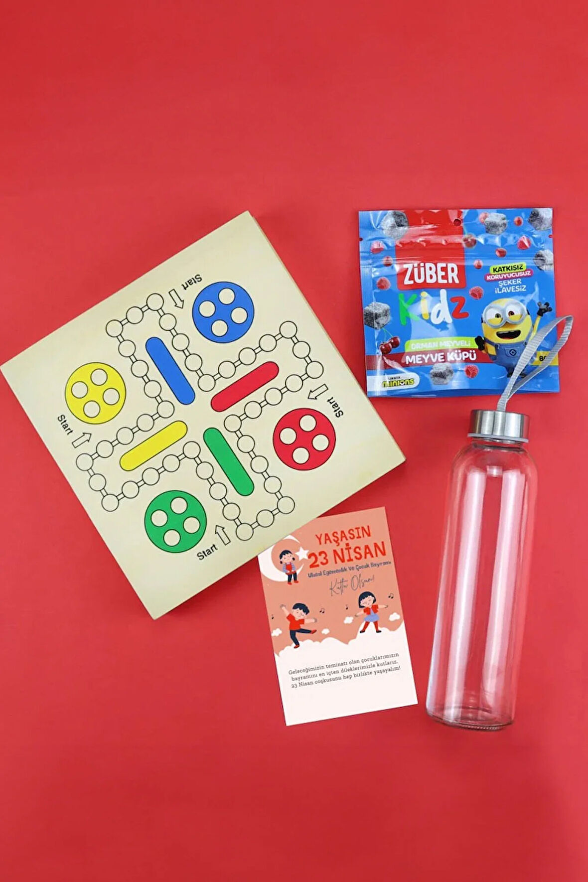 Ahşap 5'li Oyun Seti & 500ml Cam Matara & Züber Kidz Meyve Küpü Hediye Seti