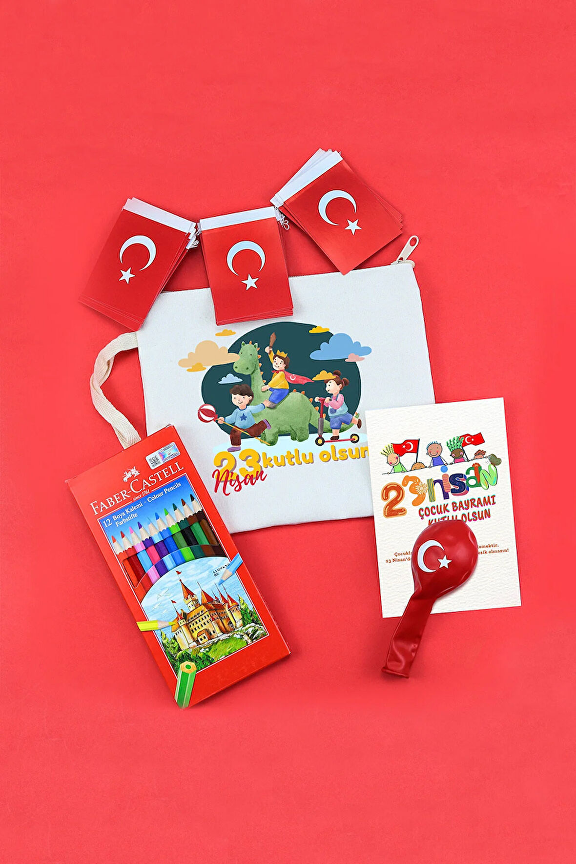 23 Nisan Tasarımlı Ham Bez Çanta & 12'li Boya Kalemi & Balon & Asma Türk Bayrağı Hediye Seti