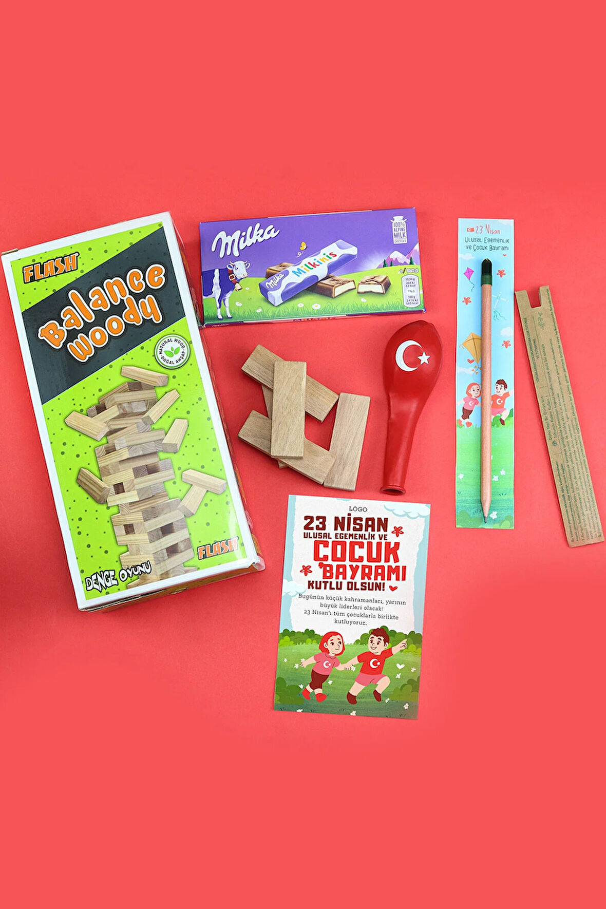 Tohumlu Kurşun Kalem & Türk Bayraklı Balon & Milka Milkinis Çikolata & Ahşap Denge Oyunu Hediye Seti