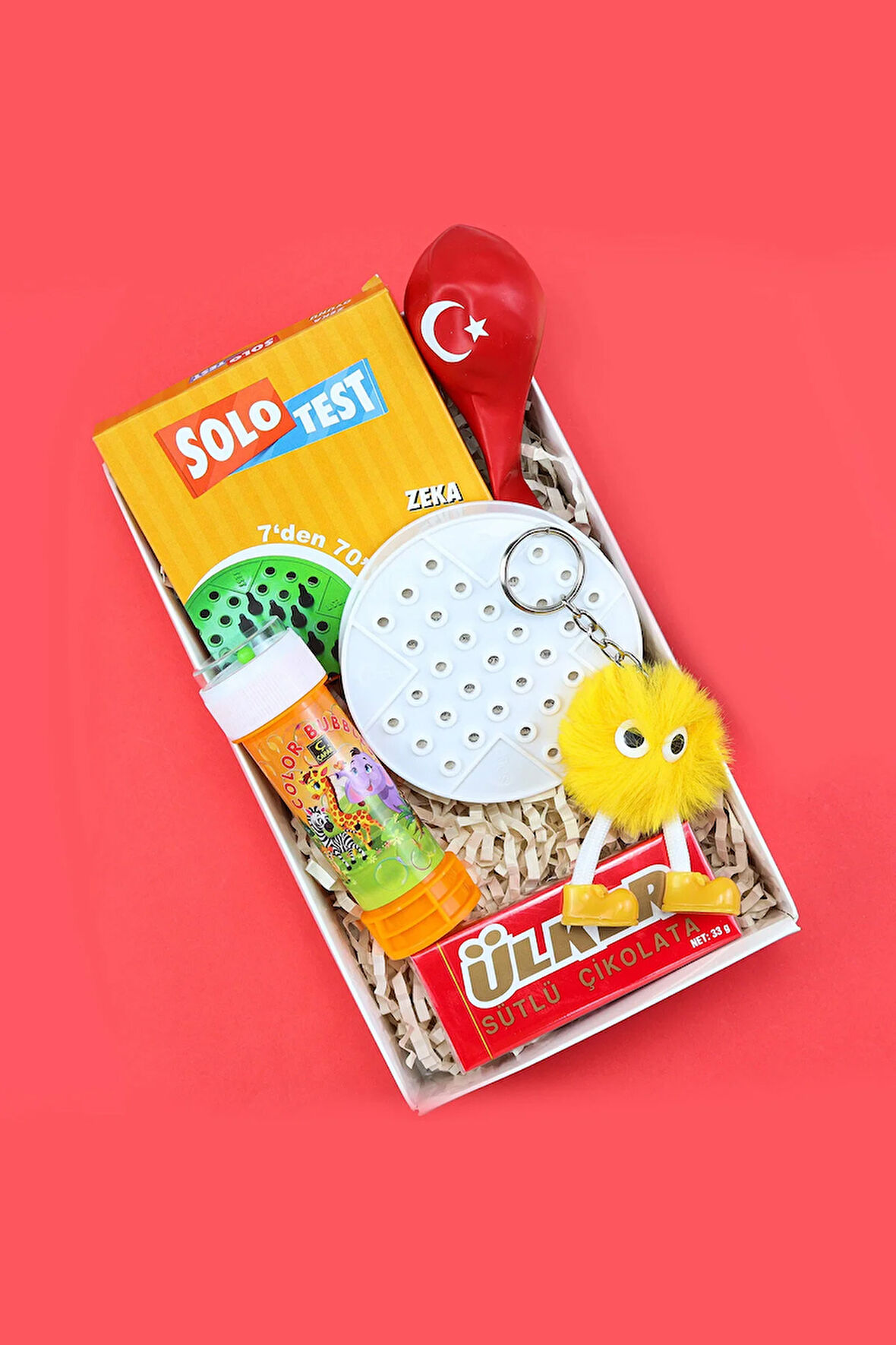 Köpük Baloncuk & Balon & Peluş Figür Anahtarlık & Ülker Napoliten Çikolata & Solo Test Hediye Seti