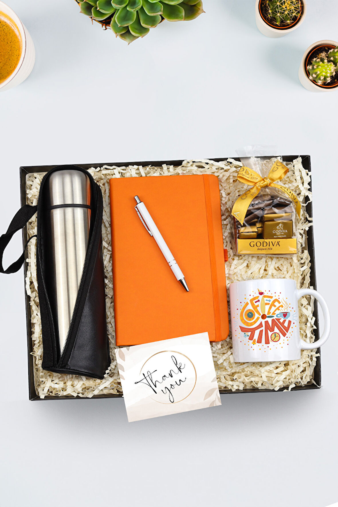 Çantalı Termos & Turuncu Defter & Beyaz Tükenmez Kalem & Godiva Naps Çikolata & Kupa Hediye Seti