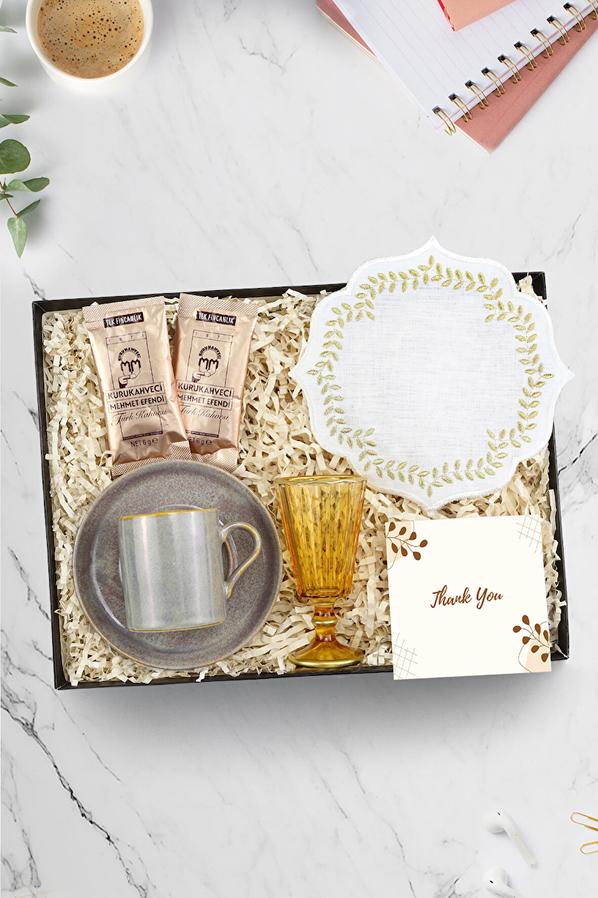 Gri Porselen Kahve Fincanı ve Su Kadehi & Sunum Kahve Peçetesi & 2'li Türk Kahvesi Hediye Seti