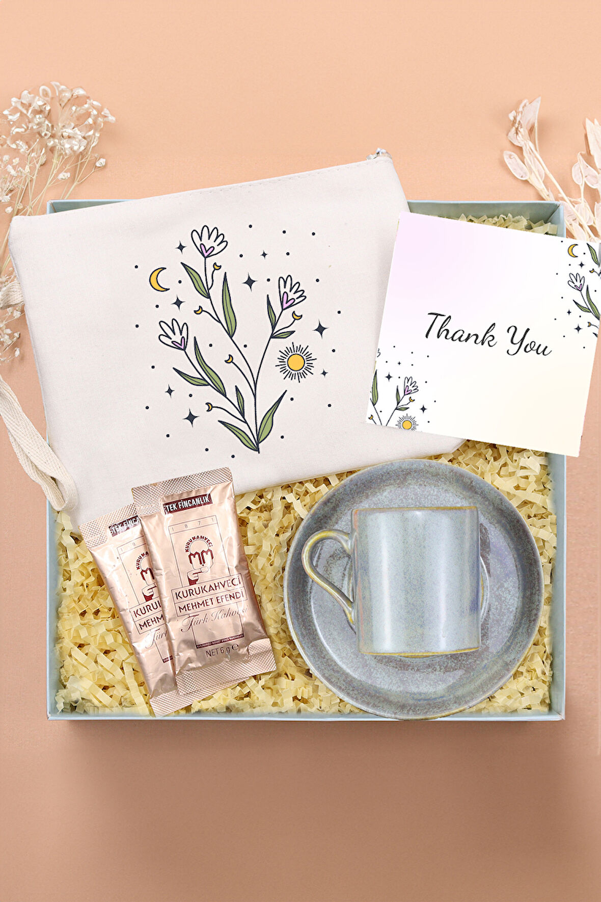 Ham Bez El Çantası & Gri Porselen Kahve Fincanı & 2'li Mehmet Efendi Türk Kahvesi Hediye Seti