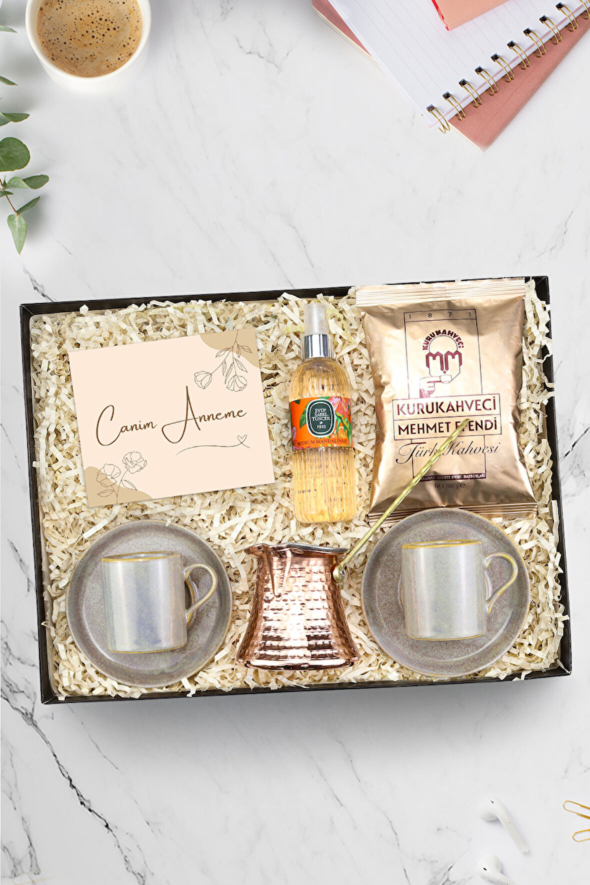 2'li Gri Türk Kahvesi Fincan & Mehmet Efendi Türk Kahvesi & Sprey Kolonya & Bakır Cezve Hediye Seti