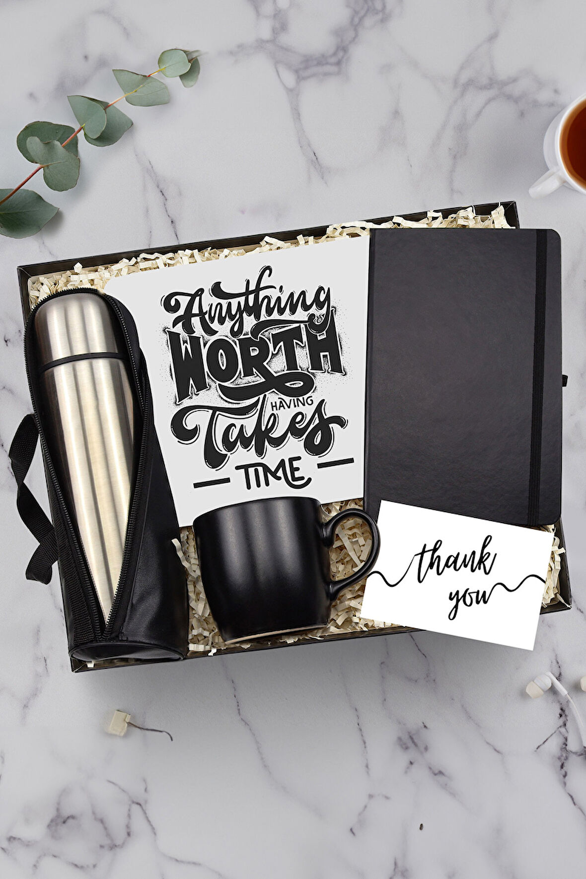 500 ML Deri Çantalı Termos & Siyah Defter & Siyah Mat Kupa & Tasarım Mouse Pad Hediye Seti