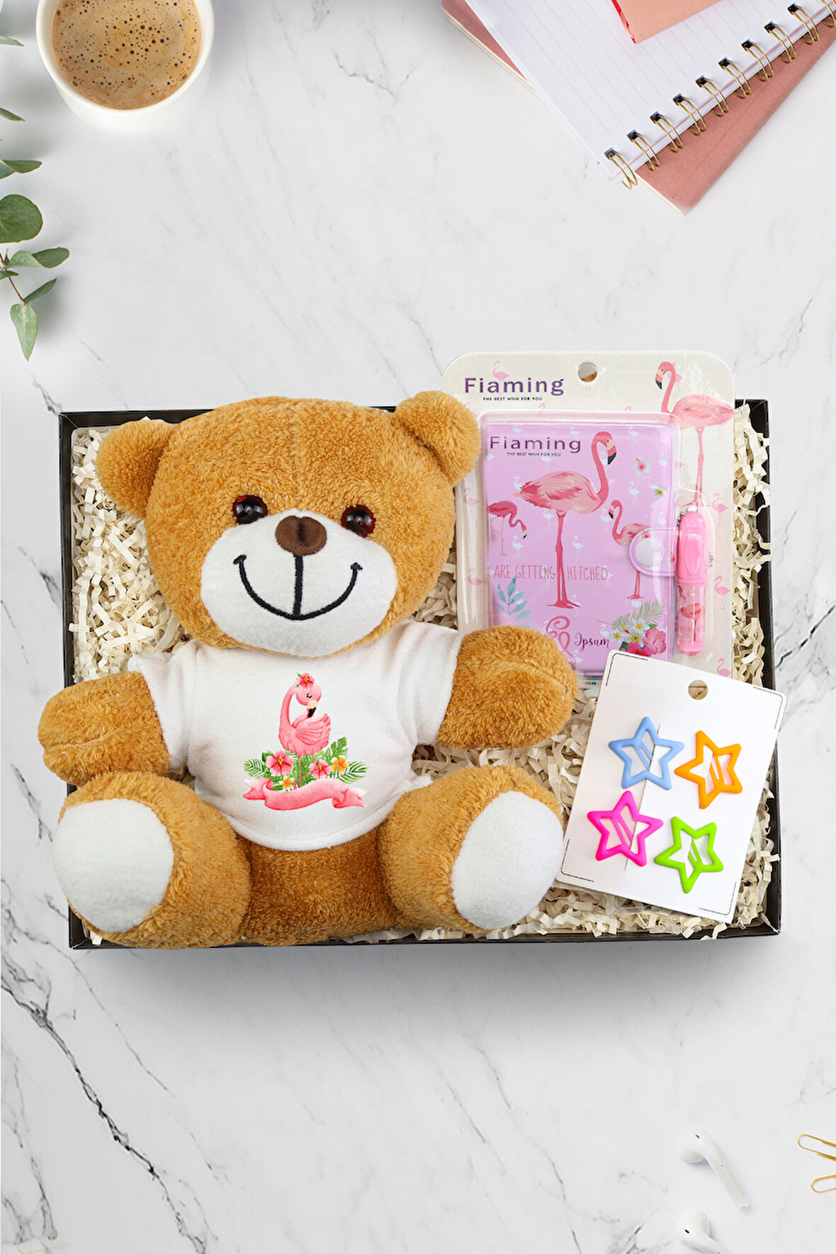 Flamingo Tasarımlı Peluş Ayıcık & Renkli Yıldız Çıtçıt Toka & Flamingo Kalemli Mini Not Defteri