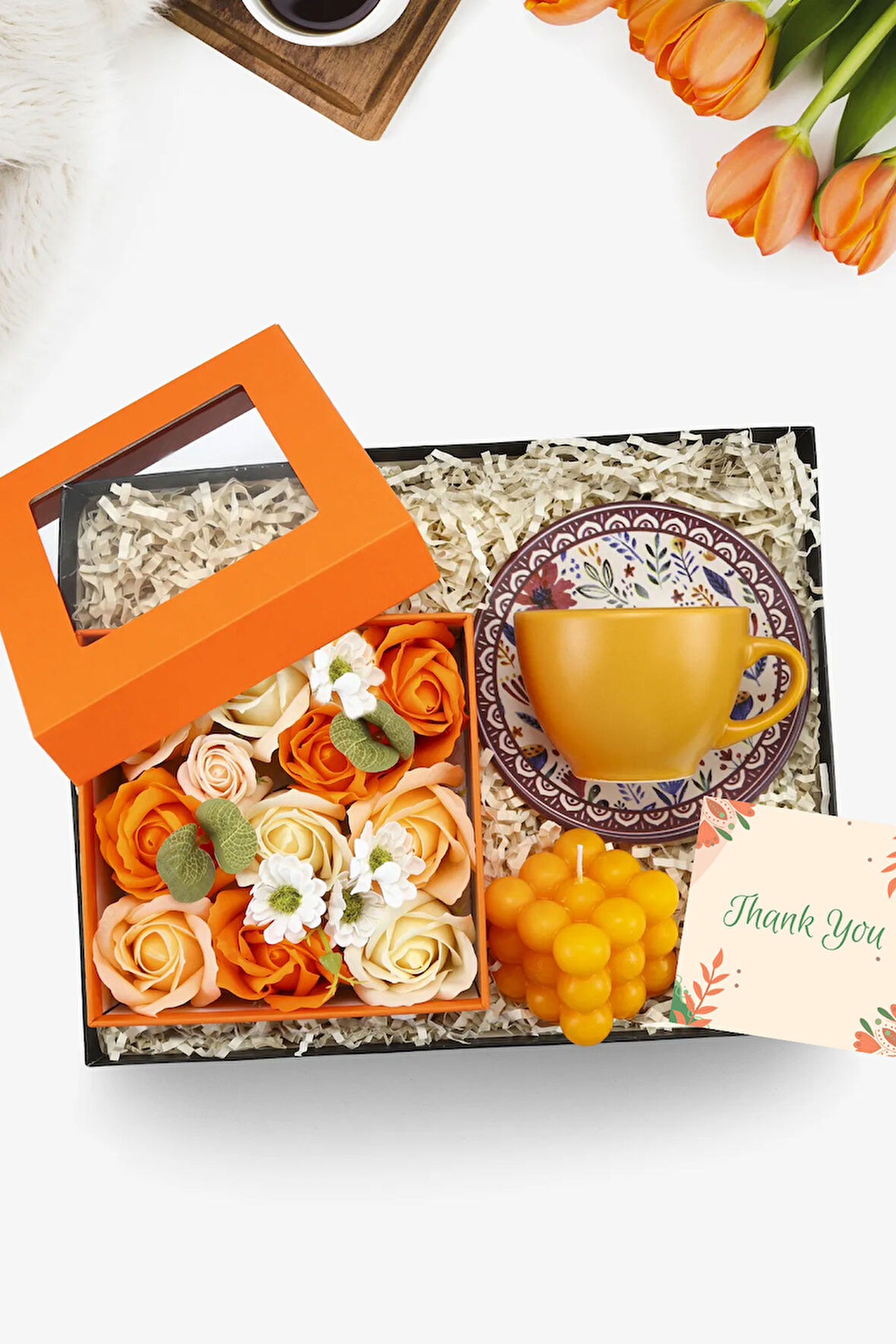 Turuncu Gül Kutusu & Turuncu Fincan & Turuncu Bubble Mum Hediye Seti