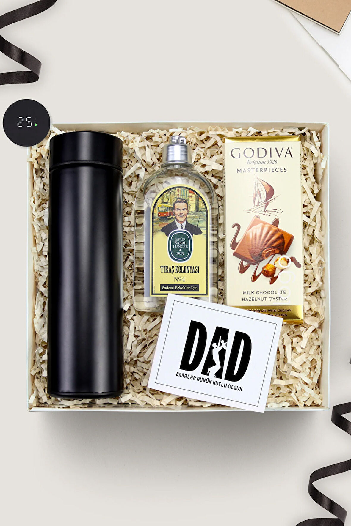 Babalar Gününe Özel Siyah 500ml Dereceli Termos & Godiva Çikolata & Tıraş Kolonyası Hediye Seti