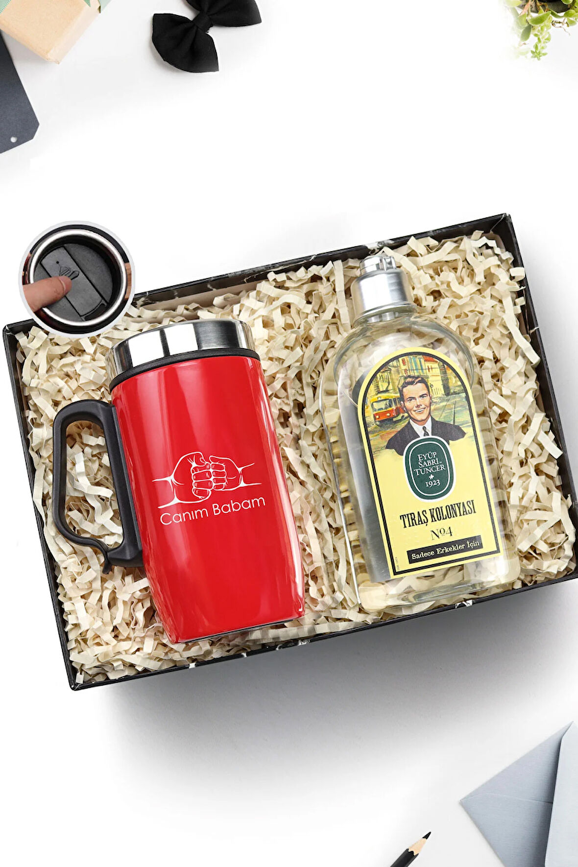 Babalar Gününe Özel Kulplu 280 ML Çelik Termos & Tıraş Kolonyası Hediye Seti