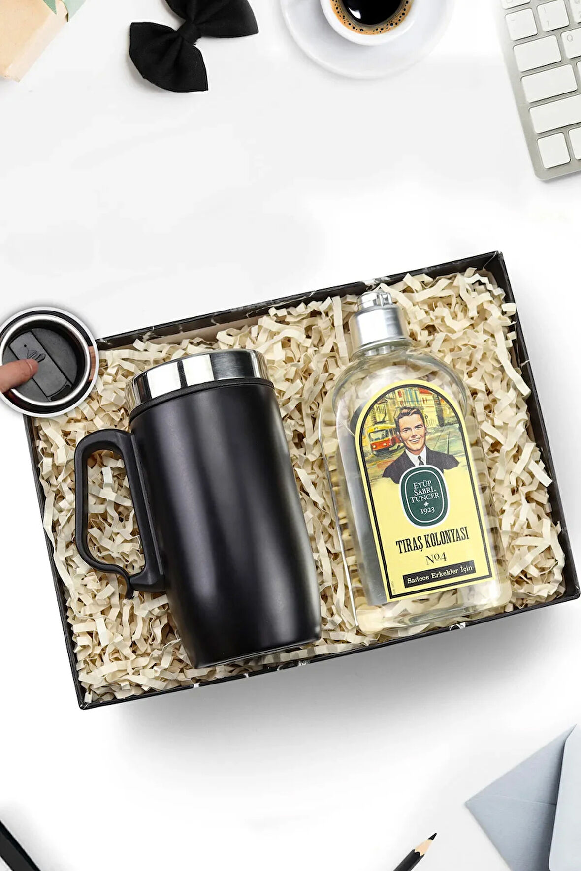 Özel Kulplu 280 ml Çelik Termos & Tıraş Kolonyası Hediye Seti