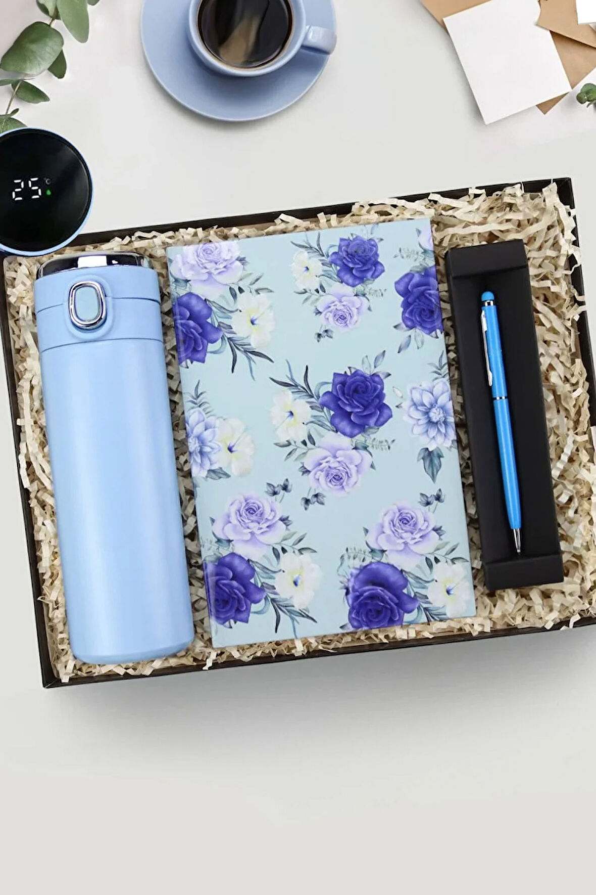 Mavi Kilitli Dereceli Termos & Mavi Tasarım Defter & Mavi Touch Pen Hediye Seti