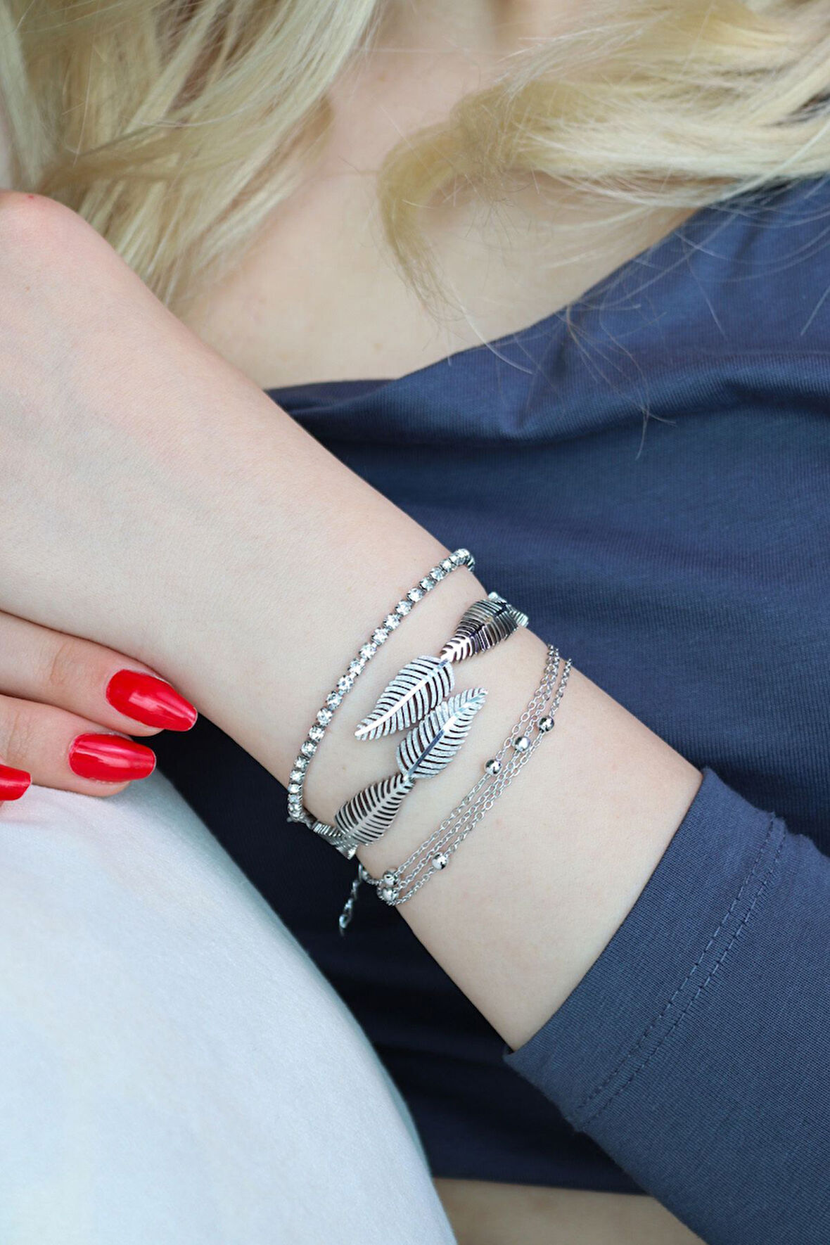 Su Yolu Bileklik & Kelepçe Bileklik & Halka Detaylı Zincir Bileklik Takı Seti