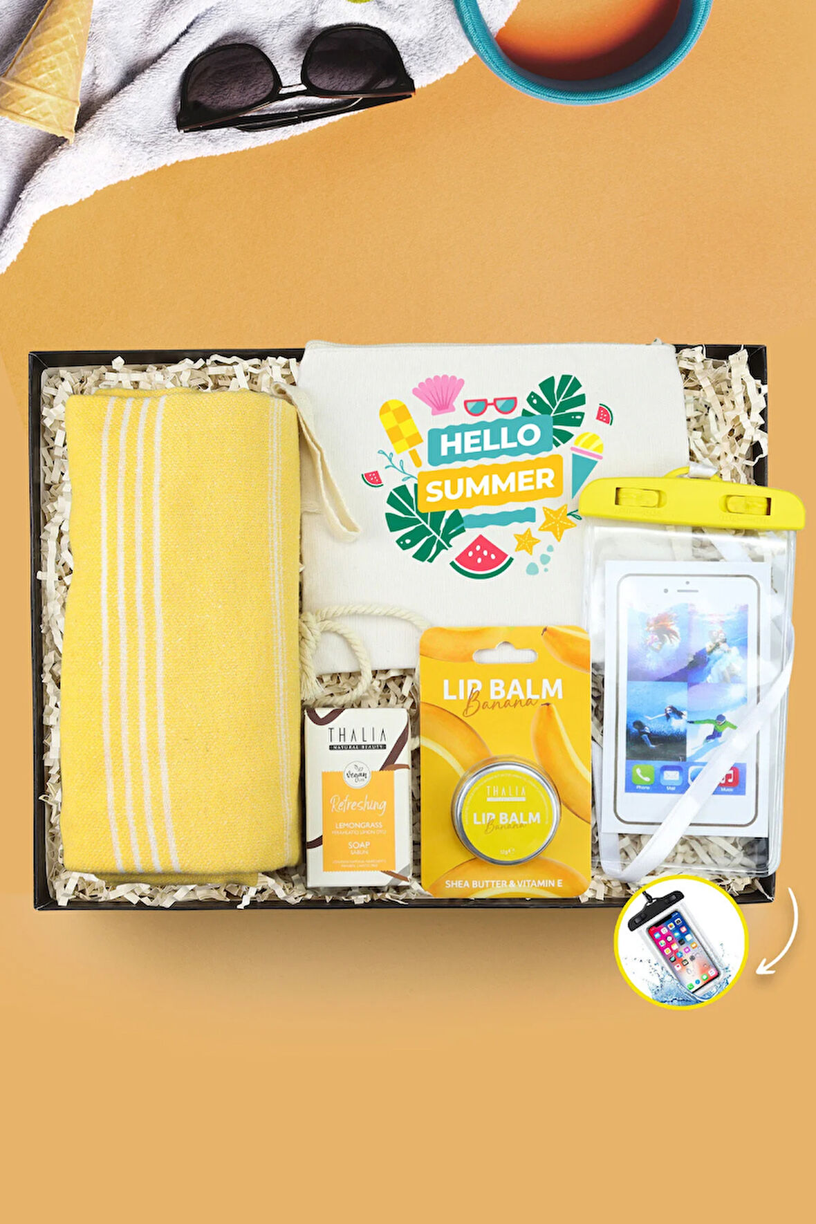 Bez El Çantası & Thalia LipBalm-Thalia Sabun & Peştemal & Su Geçirmez Telefon Kılıfı Hediye Seti