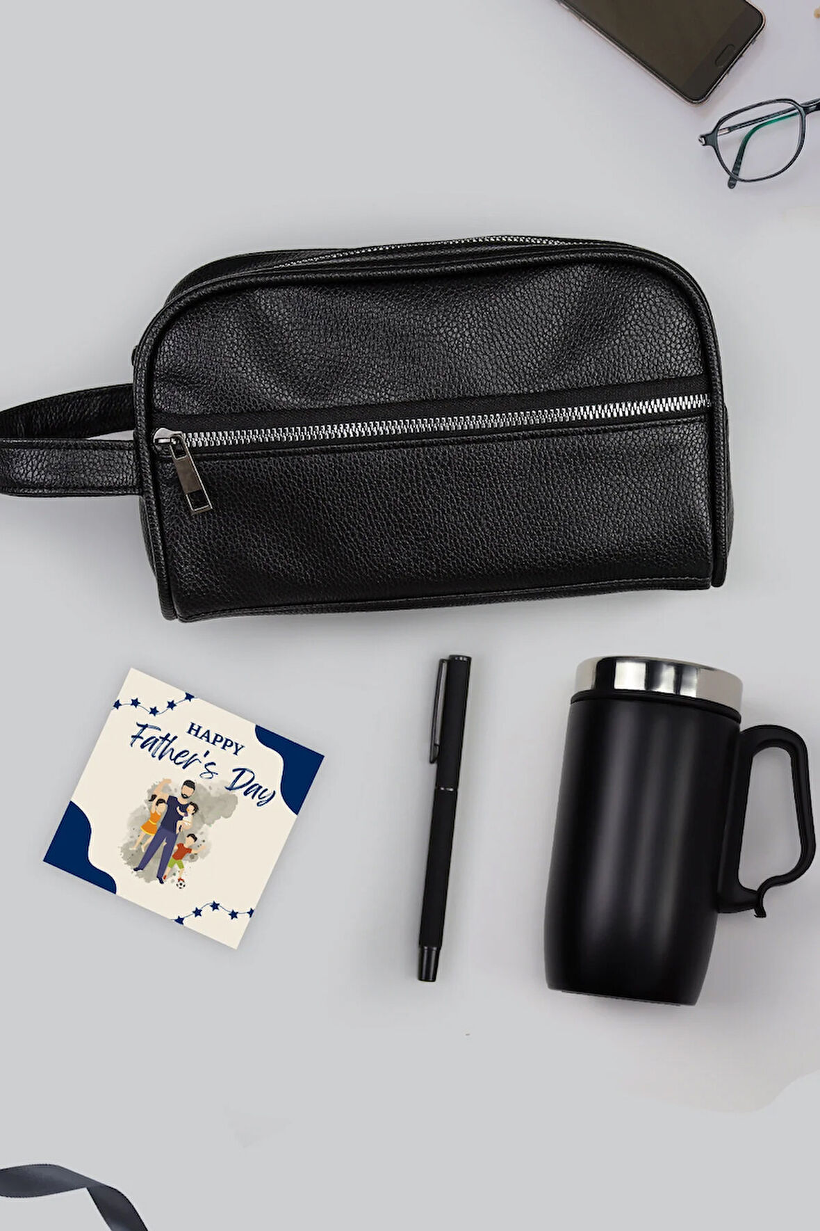 Babalar Gününe Özel Çelik Termos & Siyah Suni Deri Erkek El Çantası & Kalem Hediye Seti